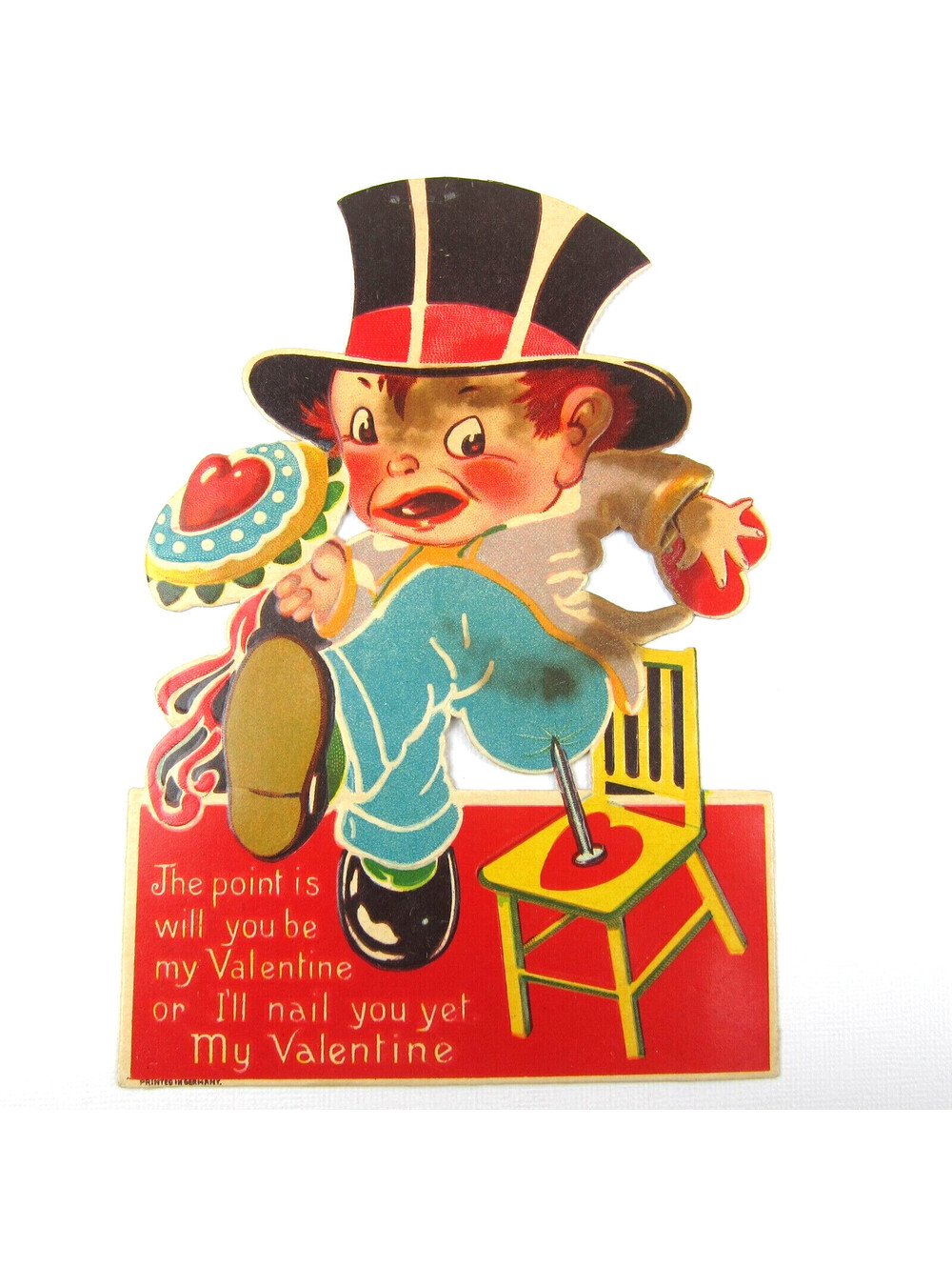 Antique Valentine Card Comical Boy Thumb Tack Chair Pun LARGE Die Cut Stand Up